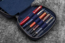 Galen Leather | Funda Expansi-Pouch Leather Wide 10 Slots Pen Case A6 Zip Folio Crazy Horse Navy Blue